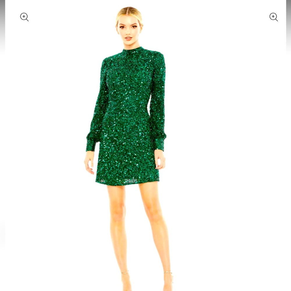 Sequin Open Back Bishop Sleeve Mini Dress - Emerald Green